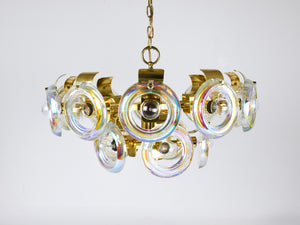 Grand lustre en laiton Oscar Torlasco, anneaux de verre optique arc-en-ciel, Italie, années 1970