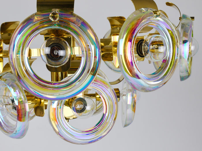 Oscar Torlasco Large Brass Chandelier, Optical Rainbow Glass Rings, Italy, 1970s