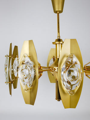 Lustre en laiton Oscar Torlasco 25 in avec lentilles prismatiques optiques, Italie, années 1970