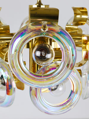 Grand lustre en laiton Oscar Torlasco, anneaux de verre optique arc-en-ciel, Italie, années 1970
