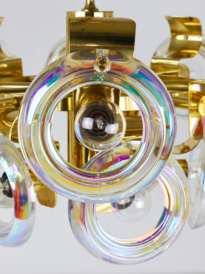 Oscar Torlasco Large Brass Chandelier, Optical Rainbow Glass Rings, Italy, 1970s