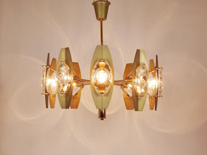 Lustre en laiton Oscar Torlasco 25 in avec lentilles prismatiques optiques, Italie, années 1970