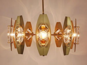Lustre en laiton Oscar Torlasco 25 in avec lentilles prismatiques optiques, Italie, années 1970