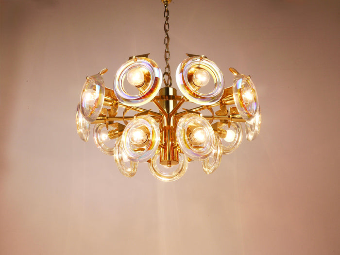 Oscar Torlasco Large Brass Chandelier, Optical Rainbow Glass Rings, Italy, 1970s