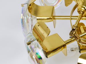 Grand lustre en laiton Oscar Torlasco, anneaux de verre optique arc-en-ciel, Italie, années 1970