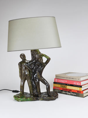Sculptural Brutalist Art Table Lamp “Man and Woman by a Tree”, Italy, 1970s
