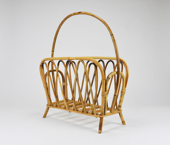 Franco Albini Style Rattan Bamboo Magazine Rack Newspaper Stand, Italy, 1970s