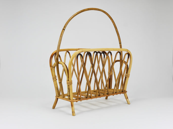 Franco Albini Style Rattan Bamboo Magazine Rack Newspaper Stand, Italy, 1970s