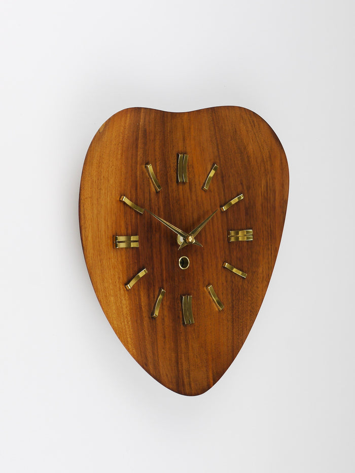 Organic Scandinavian Modern Mid-Century Wall Clock, Teak & Brass, 1950s