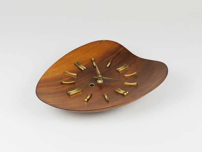 Organic Scandinavian Modern Mid-Century Wall Clock, Teak & Brass, 1950s