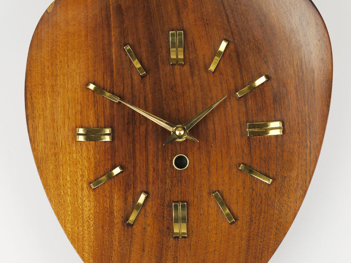 Organic Scandinavian Modern Mid-Century Wall Clock, Teak & Brass, 1950s