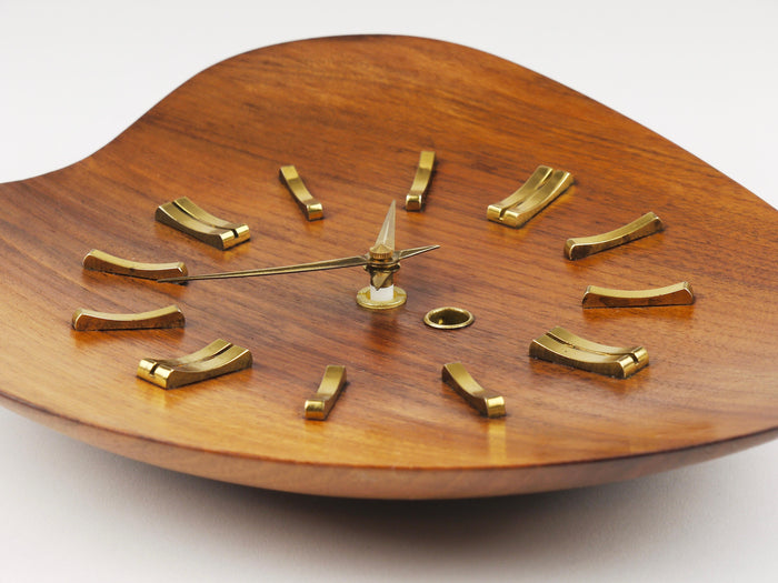 Organic Scandinavian Modern Mid-Century Wall Clock, Teak & Brass, 1950s