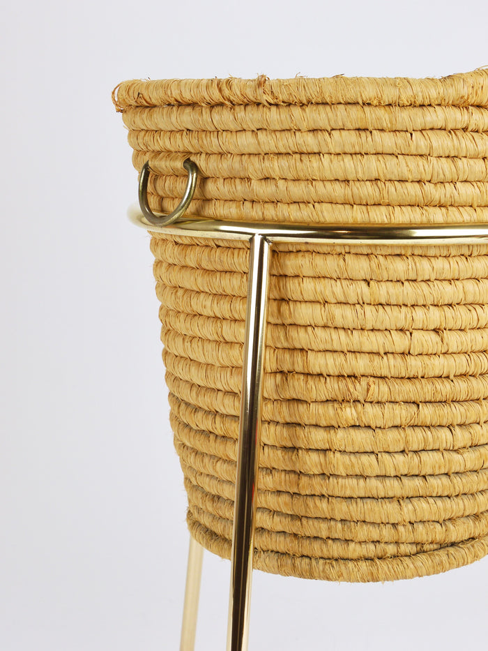Carl Auböck II Raffia Brass Wastepaper Basket, Paper Bin, Umbrella Stand, 1950s