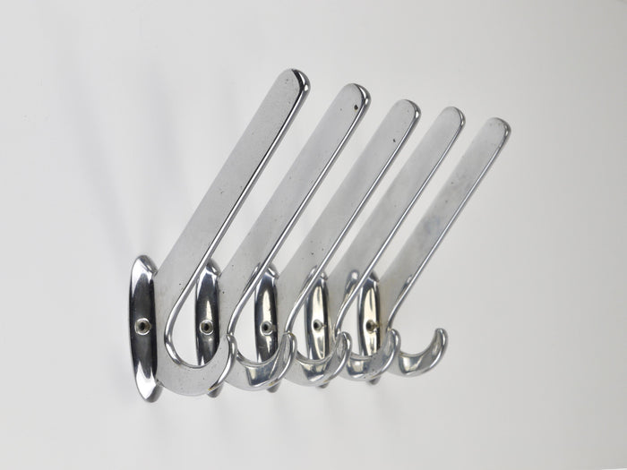 Up to 5 Large Art Deco Bauhaus Nickel & Brass Wall Coat Hooks, Vienna, 1930s