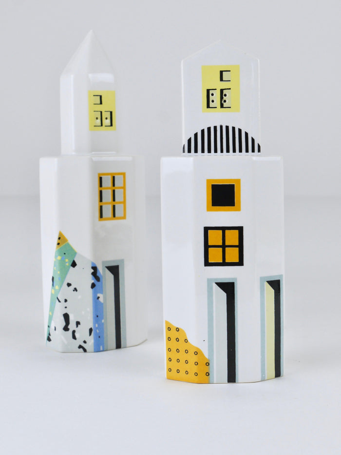 Heide Warlamis Postmodern Skyscraper Salt Pepper Shakers, Vienna Collection 1990