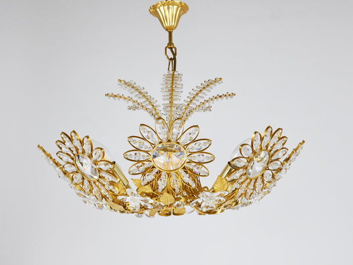 Ernst Palme Large Palwa Flower Palm Tree Chandelier, Gilt Brass, Crystals, 1970s