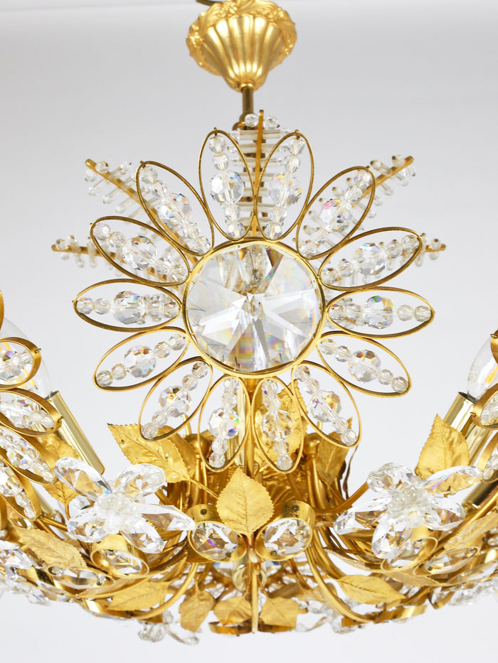 Ernst Palme Large Palwa Flower Palm Tree Chandelier, Gilt Brass, Crystals, 1970s