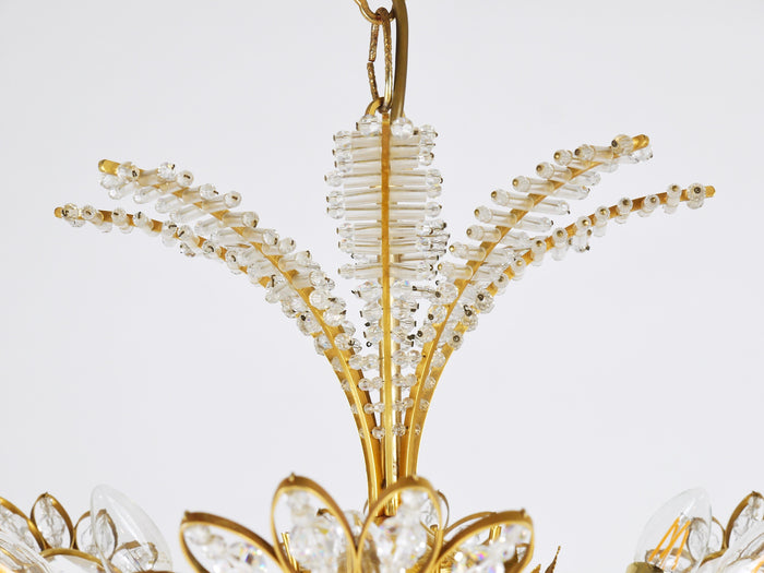 Ernst Palme Large Palwa Flower Palm Tree Chandelier, Gilt Brass, Crystals, 1970s