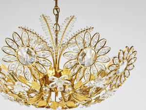 Grand lustre fleur palmier Ernst Palme pour Palwa, laiton doré, cristaux, années 1970