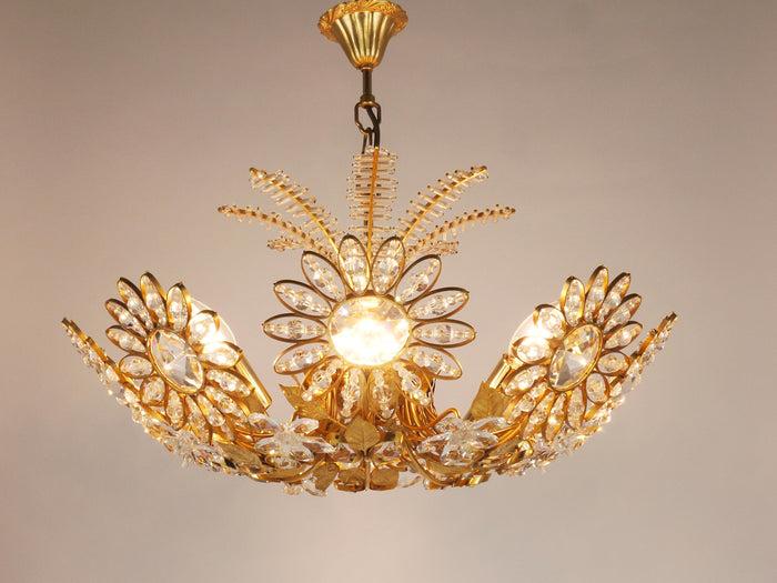 Ernst Palme Large Palwa Flower Palm Tree Chandelier, Gilt Brass, Crystals, 1970s