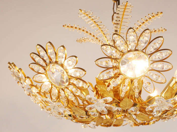 Ernst Palme Large Palwa Flower Palm Tree Chandelier, Gilt Brass, Crystals, 1970s