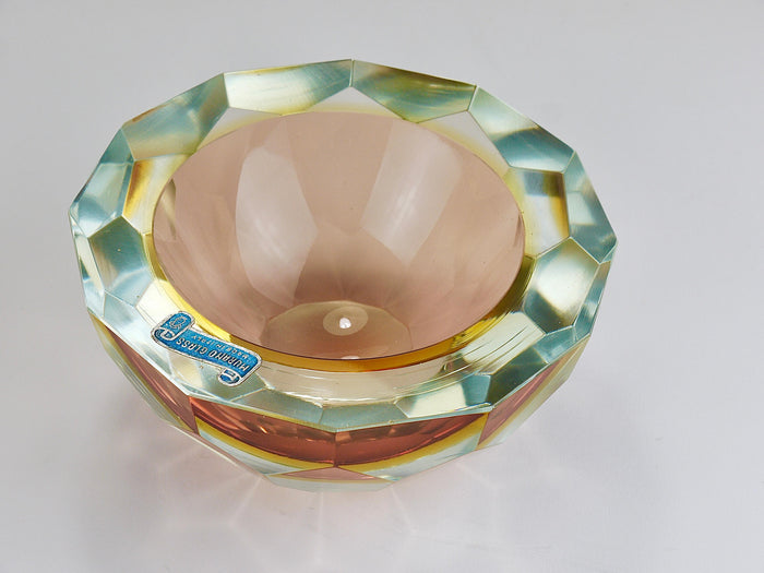 Mandruzzato Sommerso Faceted Caviar Murano Glass Diamond Bowl, Italy, 1960s