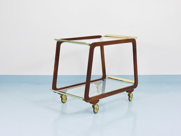Mid-Century Walnut Brass Bar Cart Serving Trolley, 1950s, Oswald Haerdtl attr.