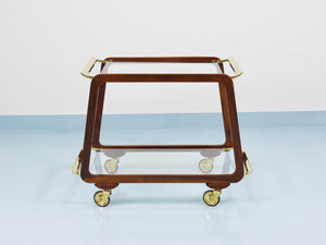 Table roulante bar Mid-Century en noyer et laiton, années 1950, attribué à Oswald Haerdtl