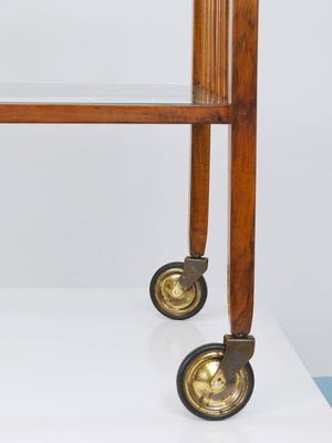 Chariot bar Oswald Haerdtl en noyer et laiton, table de service, modernisme viennois, années 1950