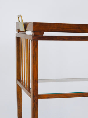 Chariot bar Oswald Haerdtl en noyer et laiton, table de service, modernisme viennois, années 1950