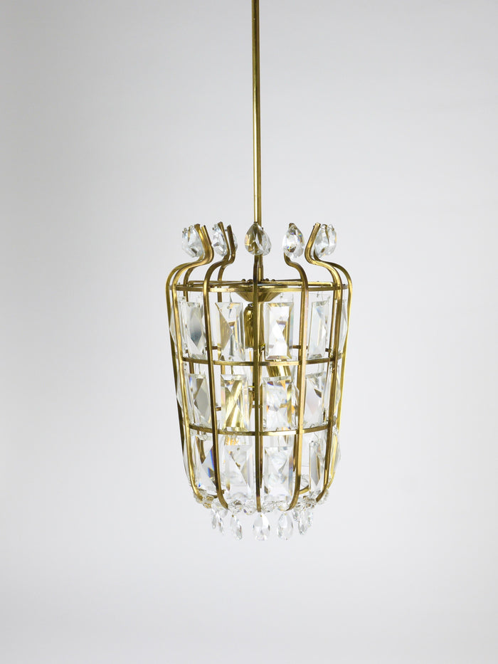 Bakalowits Vienna Brass & Crystal Chandelier Lantern Pendant Lamp, Austria, 1950