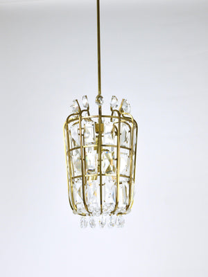 Bakalowits Vienna Brass & Crystal Chandelier Lantern Pendant Lamp, Austria, 1950