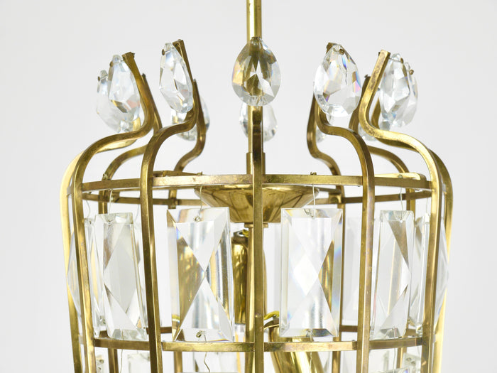 Bakalowits Vienna Brass & Crystal Chandelier Lantern Pendant Lamp, Austria, 1950