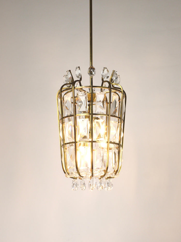 Bakalowits Vienna Brass & Crystal Chandelier Lantern Pendant Lamp, Austria, 1950