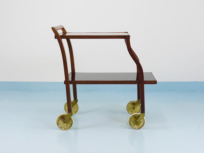 Oswald Haerdtl Curved Walnut & Glass Bar Cart, Serving Trolley, 1950s