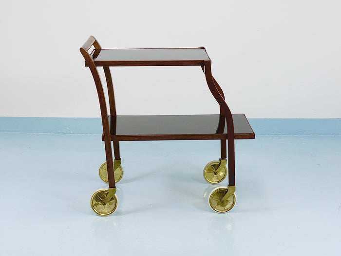 Oswald Haerdtl Curved Walnut & Glass Bar Cart, Serving Trolley, 1950s