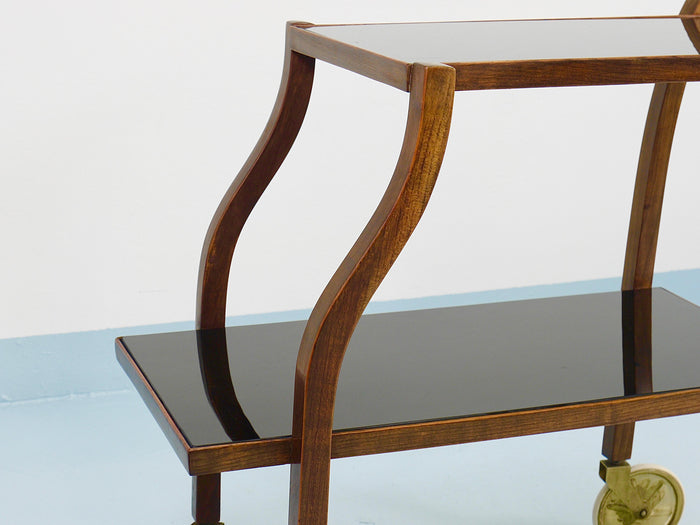 Oswald Haerdtl Curved Walnut & Glass Bar Cart, Serving Trolley, 1950s