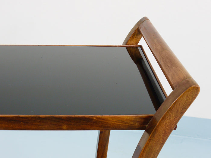 Oswald Haerdtl Curved Walnut & Glass Bar Cart, Serving Trolley, 1950s