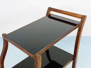 Chariot bar en noyer et verre incurvés d'Oswald Haerdtl