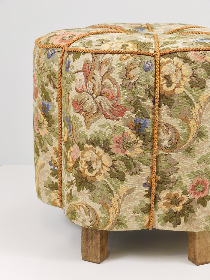 Art Deco Floral Tapestry Stool, Tabouret, Pouf, Ottoman, Vienna, Austria, 1930s