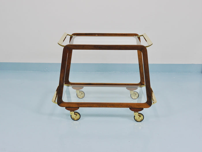 Mid-Century Walnut Brass Bar Cart Serving Trolley, 1950s, Oswald Haerdtl attr.