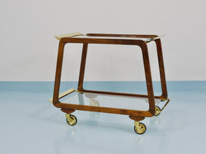 Table roulante bar Mid-Century en noyer et laiton, années 1950, attribué à Oswald Haerdtl