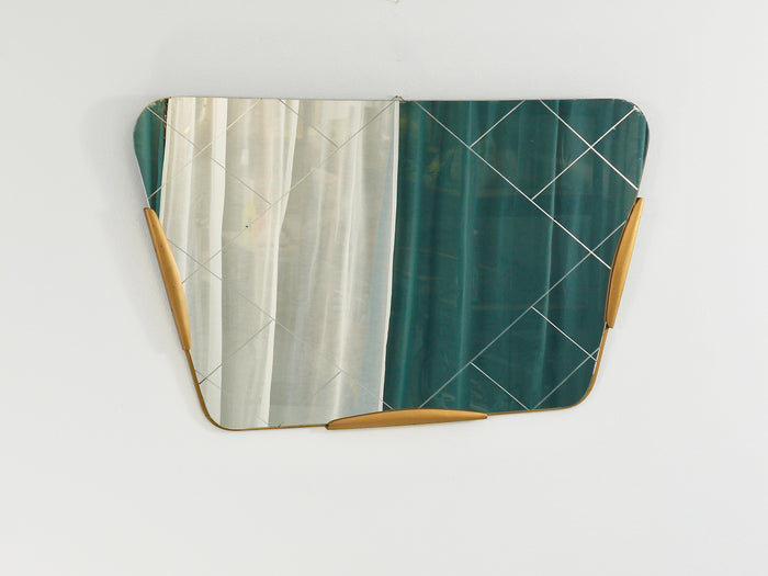 Large Trapezoidal Golden Wall Mirror With Engraved Diamond Pattern, Austria, 195
