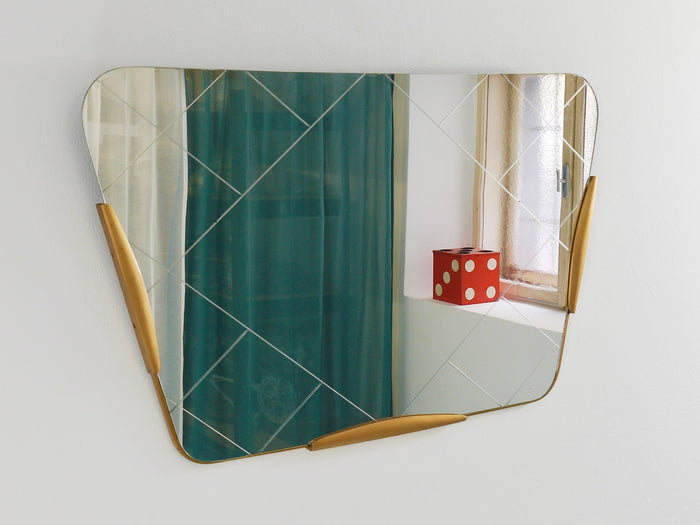Large Trapezoidal Golden Wall Mirror With Engraved Diamond Pattern, Austria, 195