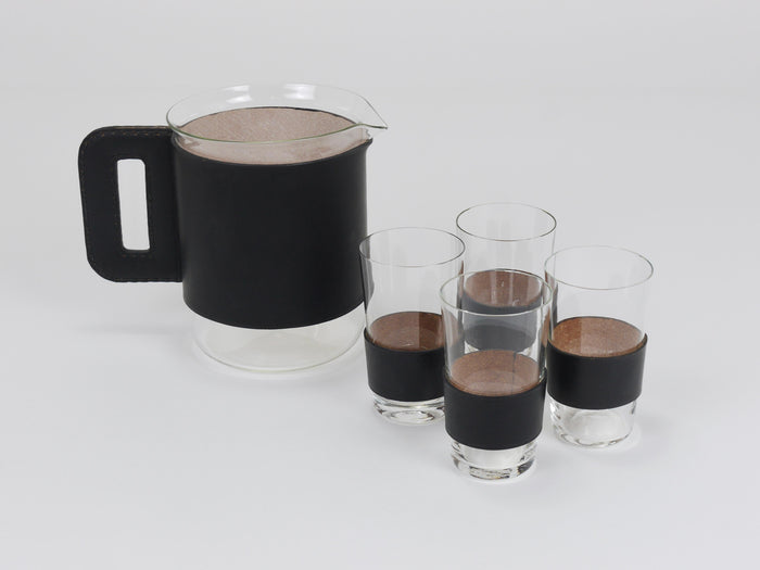 Carl Auböck Martini Set Black Leather Pitcher & Glasses, Austria, 1950s