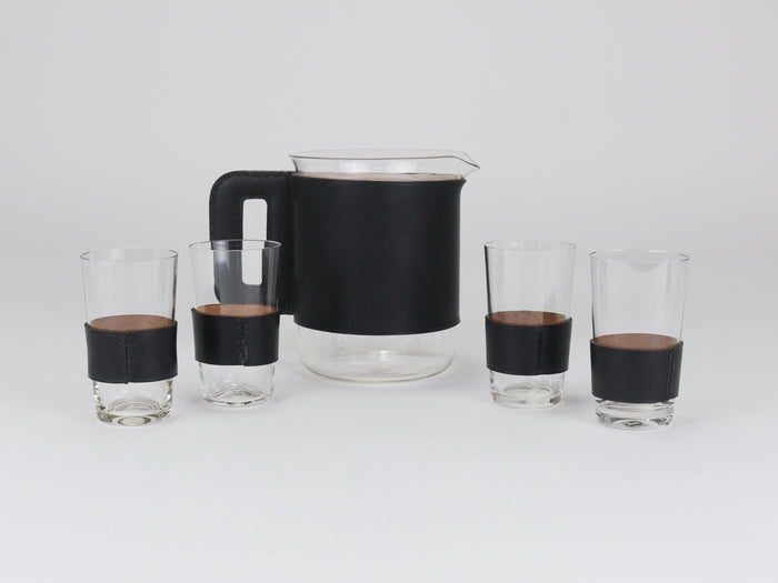 Carl Auböck Martini Set Black Leather Pitcher & Glasses, Austria, 1950s