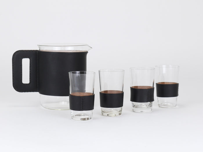 Carl Auböck Martini Set Black Leather Pitcher & Glasses, Austria, 1950s