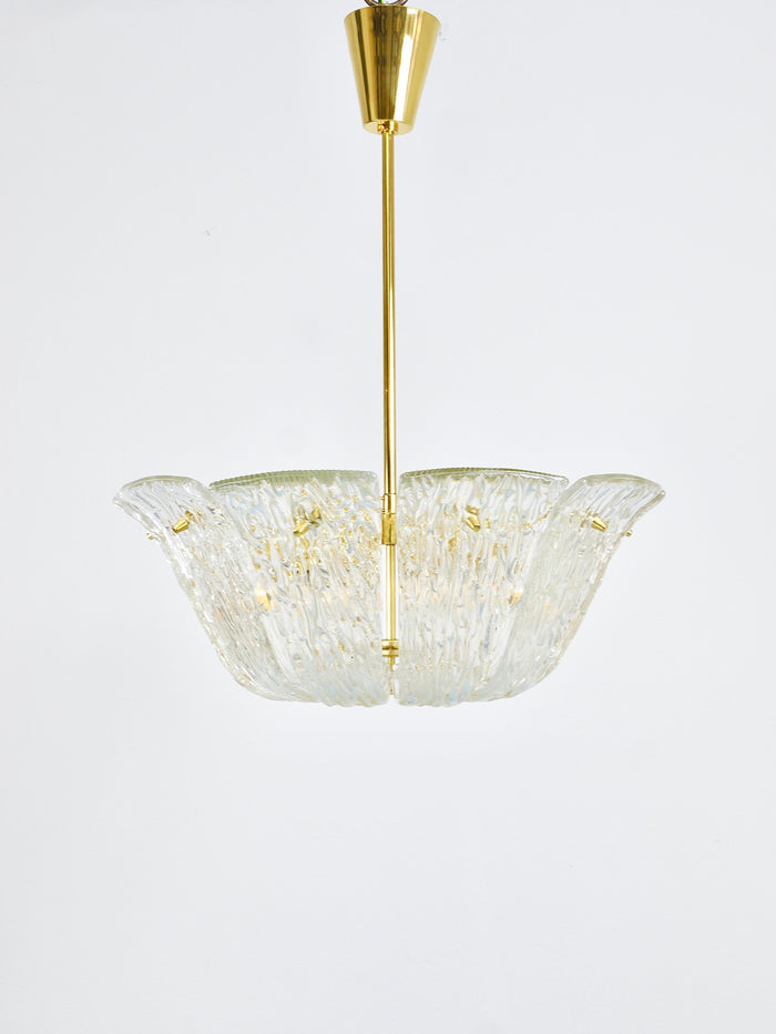 Large J.T. Kalmar Curved Basket Chandelier, Brass & Textured Glass, Vienna, 1950