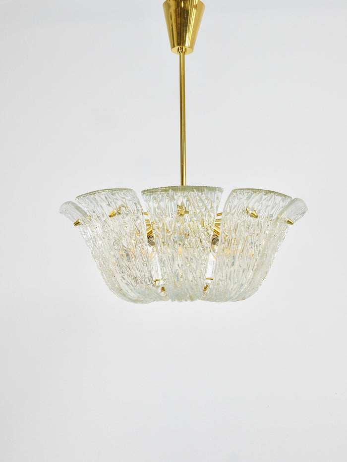 Large J.T. Kalmar Curved Basket Chandelier, Brass & Textured Glass, Vienna, 1950
