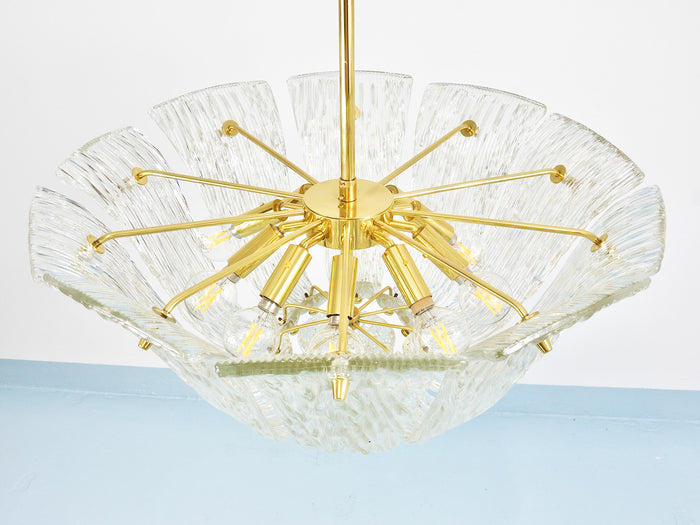 Large J.T. Kalmar Curved Basket Chandelier, Brass & Textured Glass, Vienna, 1950